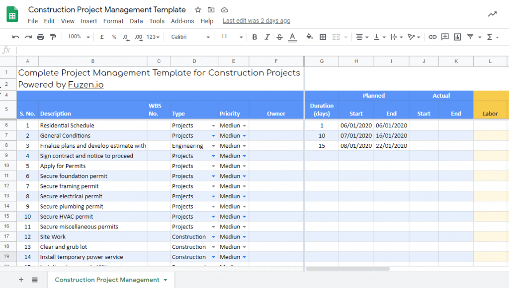 construction project template - planned vs actual progress