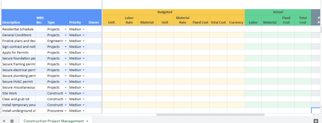 construction project template - budgeted vs actual costs