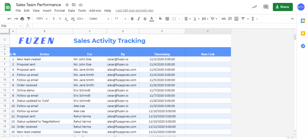 track sales activity in spreadsheet