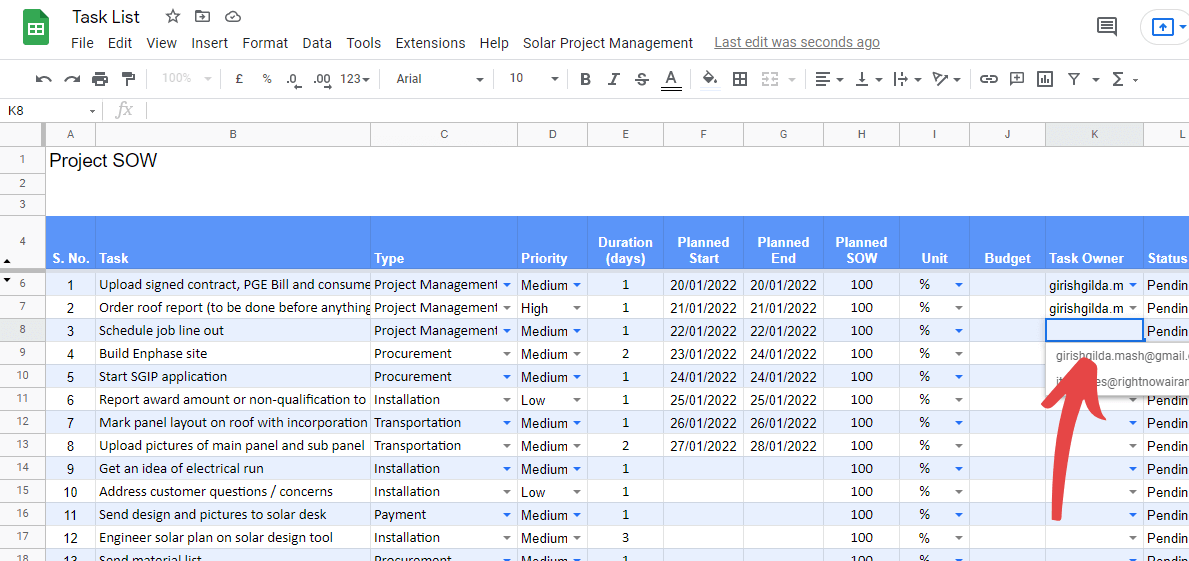 manage solar project sow with spreadsheet template