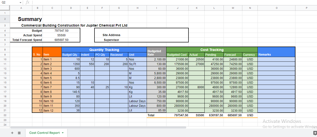 project cost planner in excel