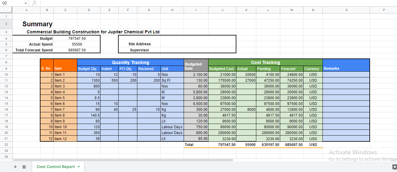 construction project template excel