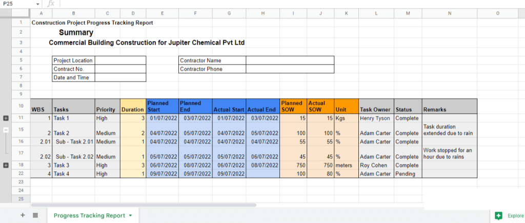 Construction Project Progress Tracking Report