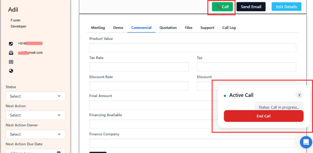 CRM with VoIP Integration - lead details